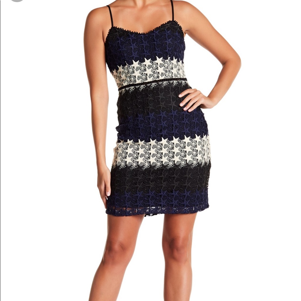 Bebe star lace black and navy mini dress